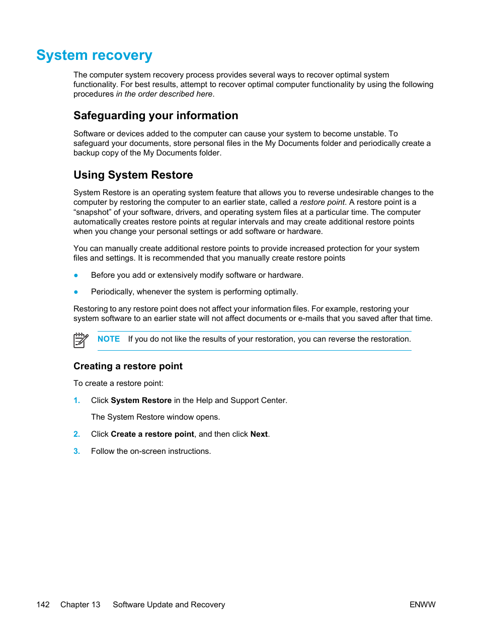 System recovery, Safeguarding your information, Using system restore | Creating a restore point, Safeguarding your information using system restore | HP Compaq Presario V5224TU Notebook PC User Manual | Page 152 / 180