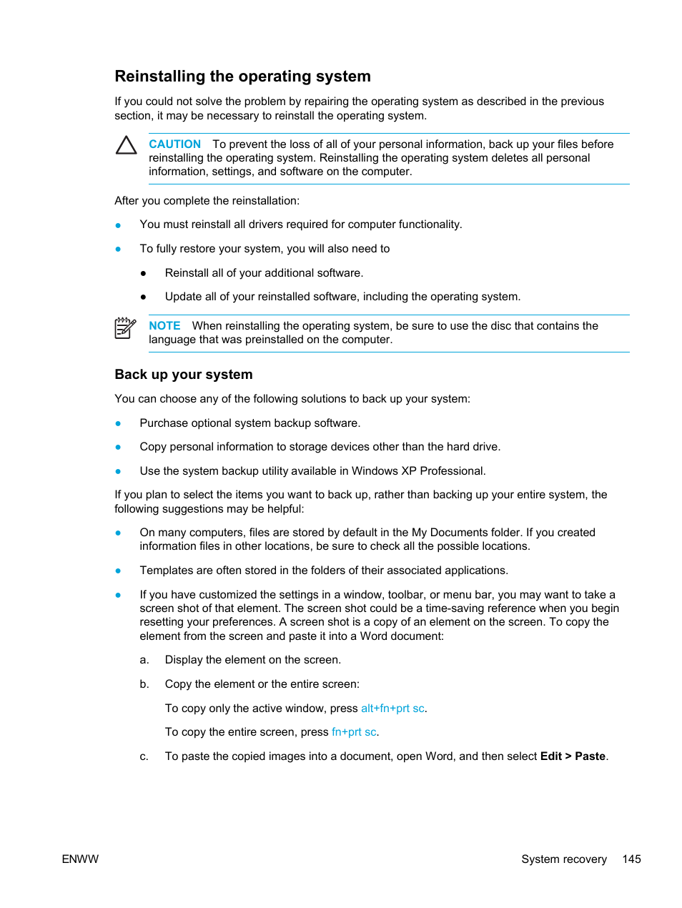 Reinstalling the operating system, Back up your system | HP Compaq Presario V5224TU Notebook PC User Manual | Page 155 / 180
