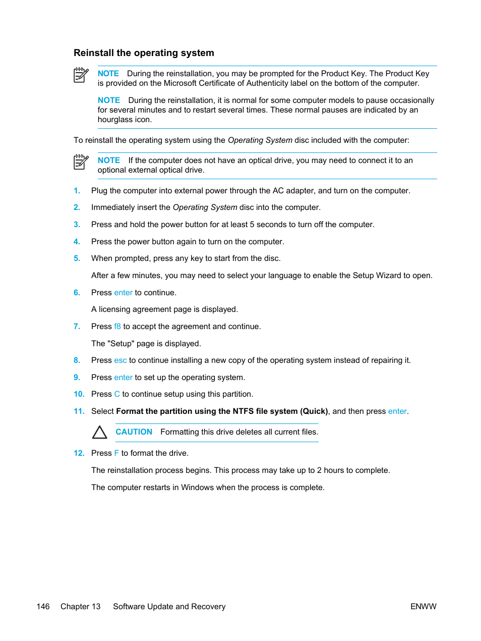 Reinstall the operating system | HP Compaq Presario V5224TU Notebook PC User Manual | Page 156 / 180