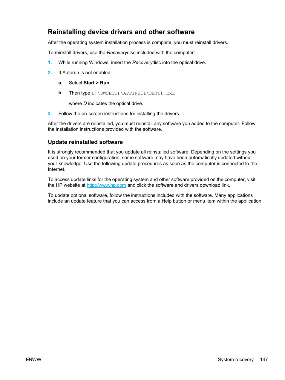 Reinstalling device drivers and other software, Update reinstalled software | HP Compaq Presario V5224TU Notebook PC User Manual | Page 157 / 180