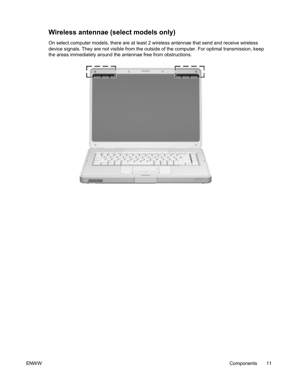 Wireless antennae (select models only) | HP Compaq Presario V5224TU Notebook PC User Manual | Page 21 / 180
