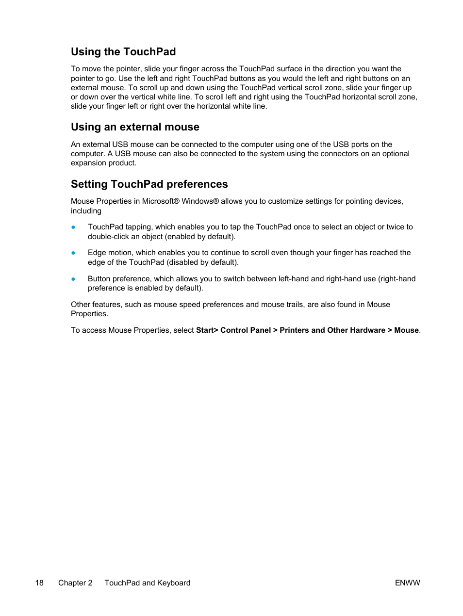 Using the touchpad, Using an external mouse, Setting touchpad preferences | HP Compaq Presario V5224TU Notebook PC User Manual | Page 28 / 180