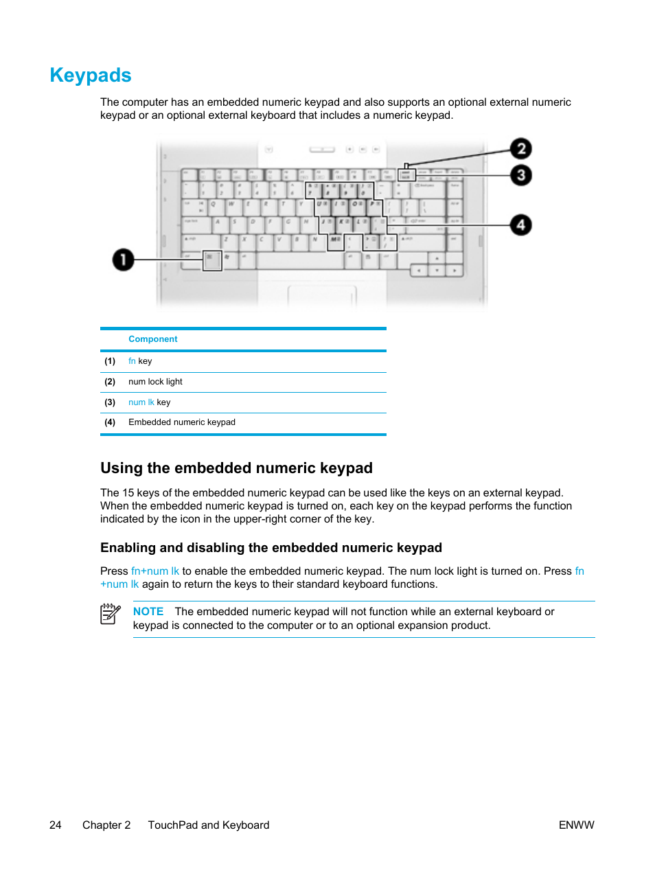 Keypads, Using the embedded numeric keypad, Enabling and disabling the embedded numeric keypad | HP Compaq Presario V5224TU Notebook PC User Manual | Page 34 / 180