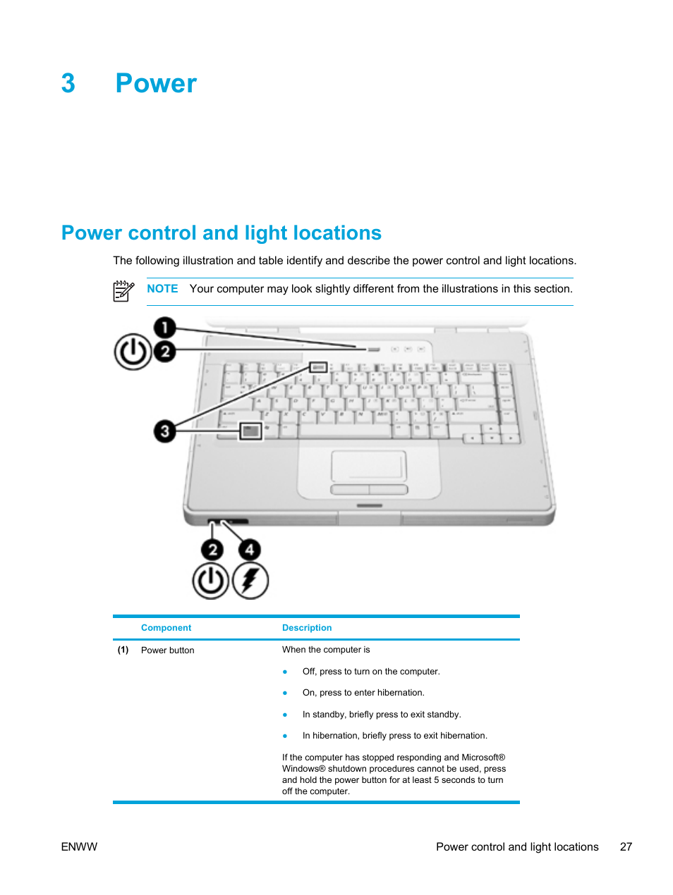 Power, Power control and light locations, 3 power | 3power | HP Compaq Presario V5224TU Notebook PC User Manual | Page 37 / 180