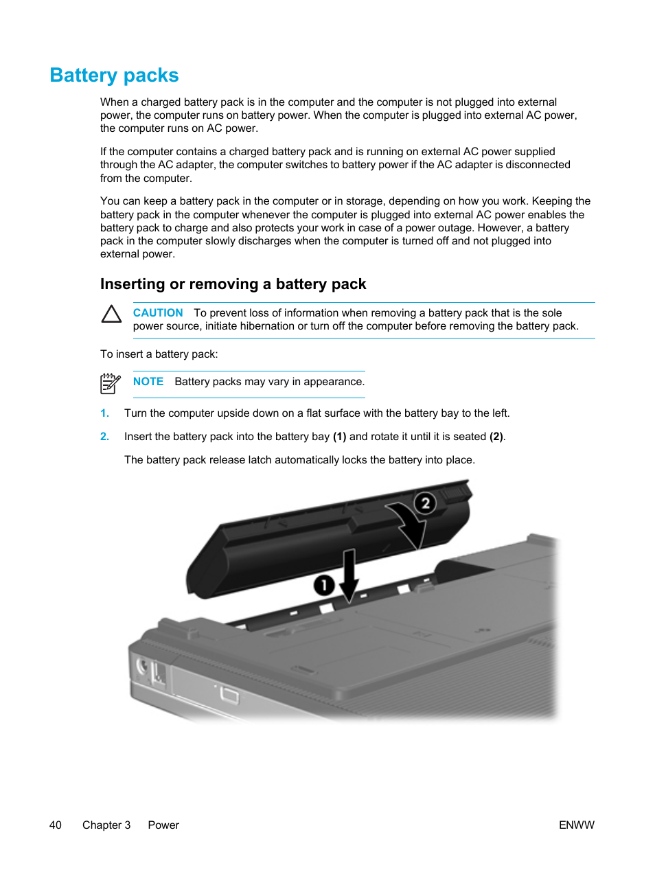 Battery packs, Inserting or removing a battery pack | HP Compaq Presario V5224TU Notebook PC User Manual | Page 50 / 180
