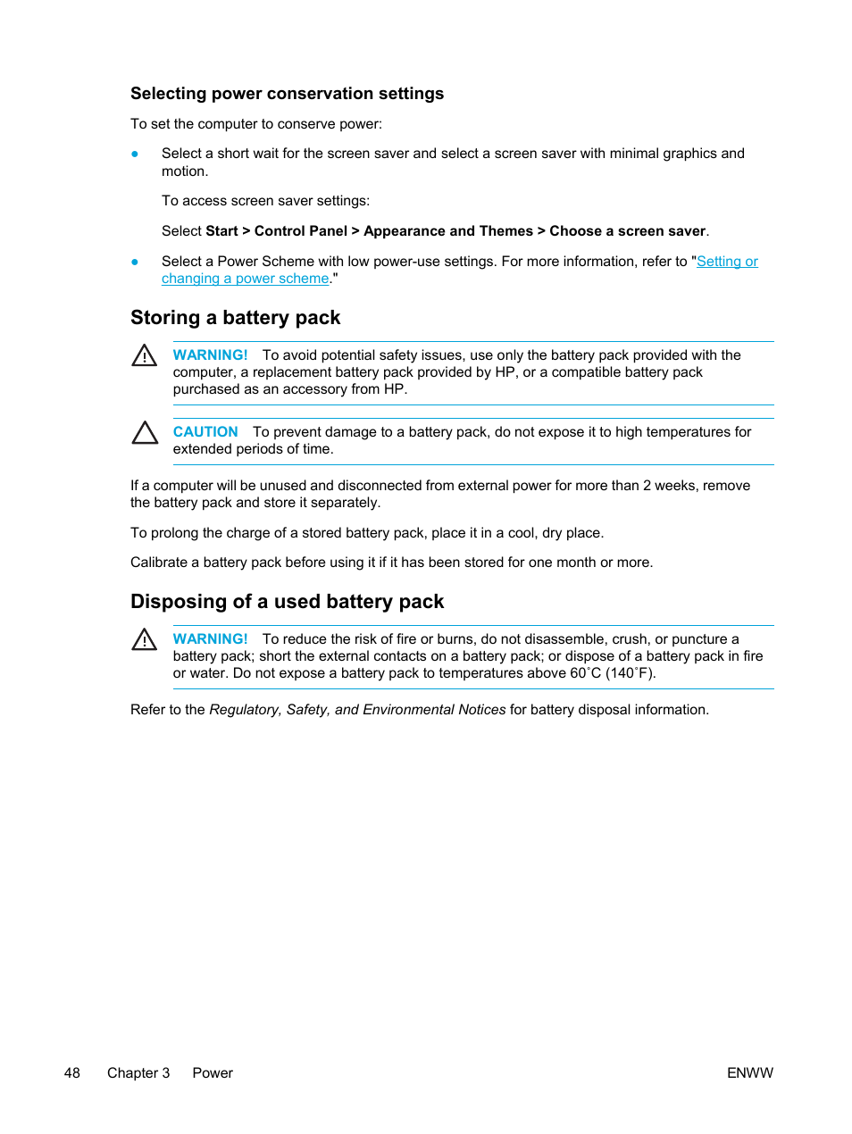 Selecting power conservation settings, Storing a battery pack, Disposing of a used battery pack | HP Compaq Presario V5224TU Notebook PC User Manual | Page 58 / 180