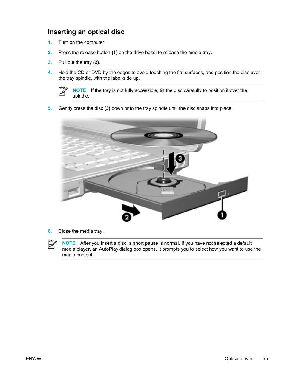 Inserting an optical disc | HP Compaq Presario V5224TU Notebook PC User Manual | Page 65 / 180