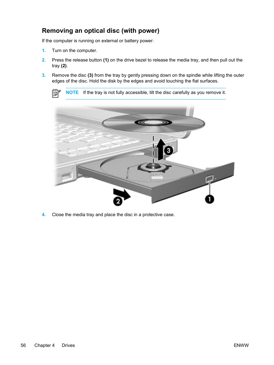 Removing an optical disc (with power) | HP Compaq Presario V5224TU Notebook PC User Manual | Page 66 / 180