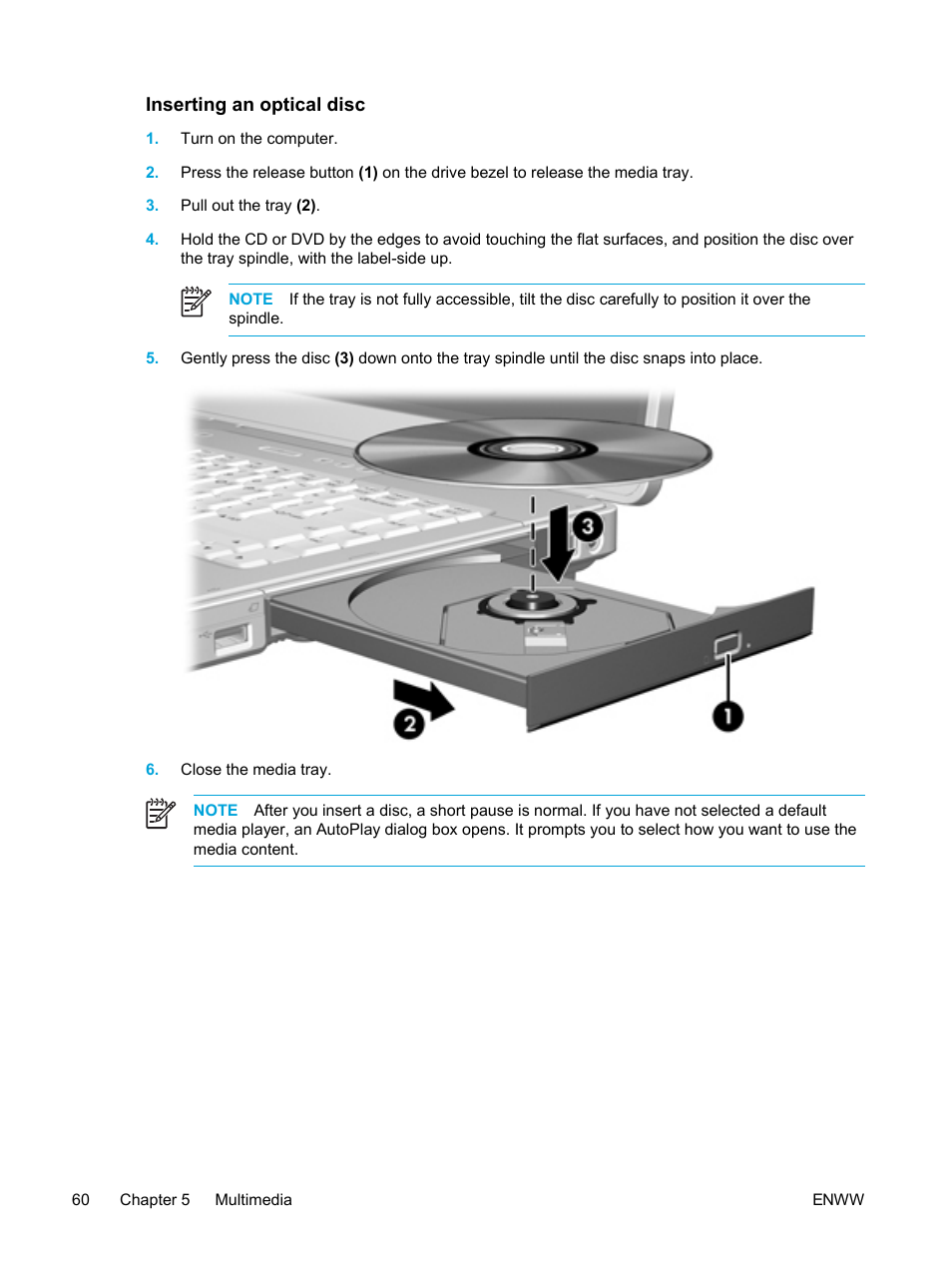 Inserting an optical disc | HP Compaq Presario V5224TU Notebook PC User Manual | Page 70 / 180