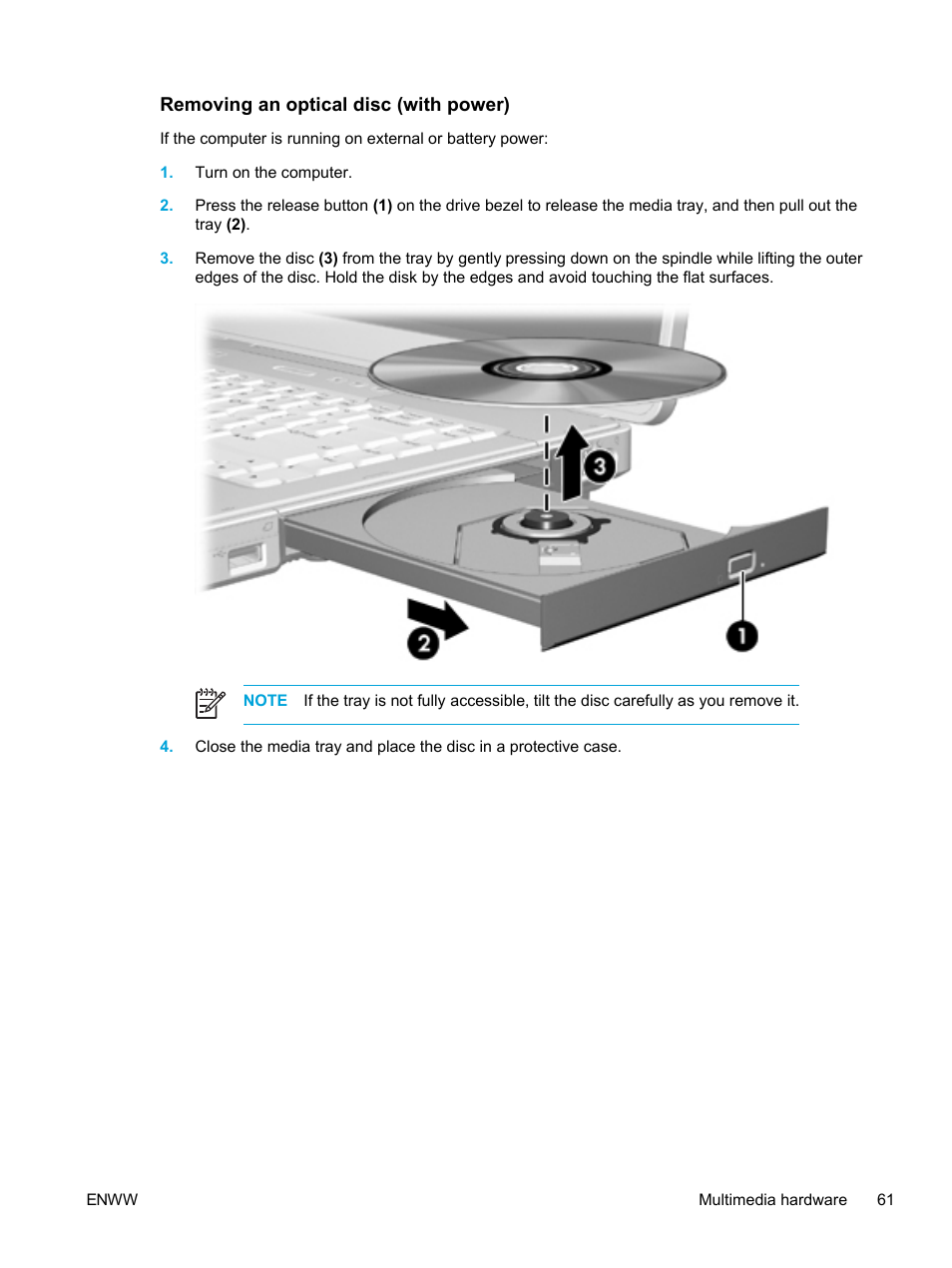 Removing an optical disc (with power) | HP Compaq Presario V5224TU Notebook PC User Manual | Page 71 / 180