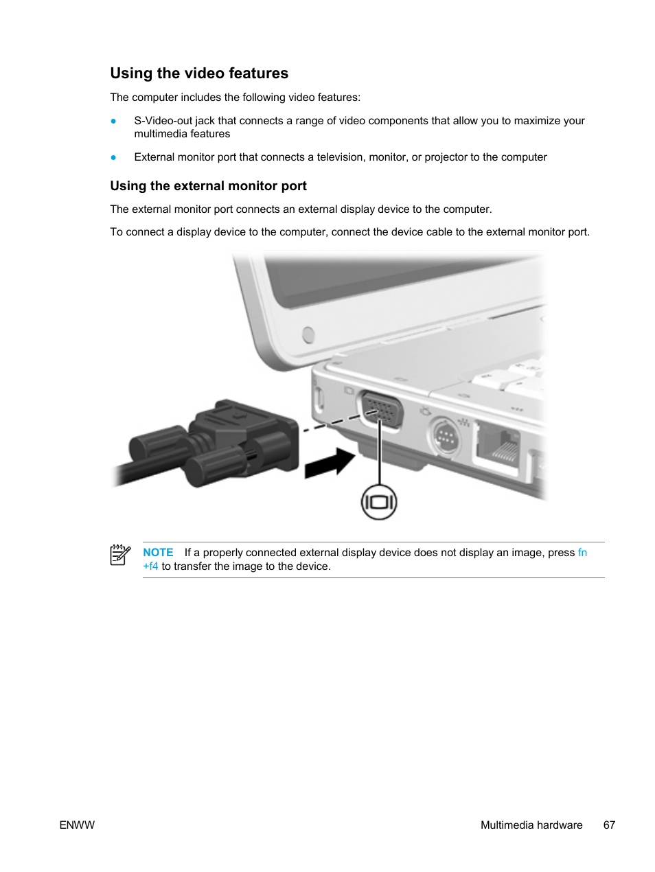 Using the video features, Using the external monitor port | HP Compaq Presario V5224TU Notebook PC User Manual | Page 77 / 180