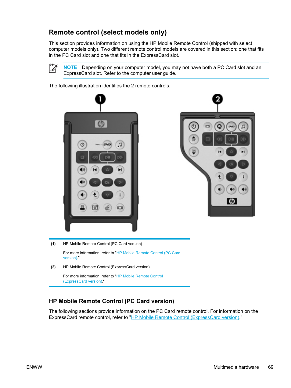 Remote control (select models only), Hp mobile remote control (pc card version) | HP Compaq Presario V5224TU Notebook PC User Manual | Page 79 / 180