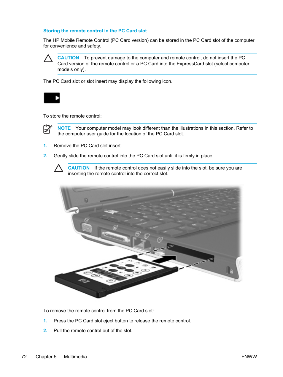 Storing the remote control in the pc card slot | HP Compaq Presario V5224TU Notebook PC User Manual | Page 82 / 180