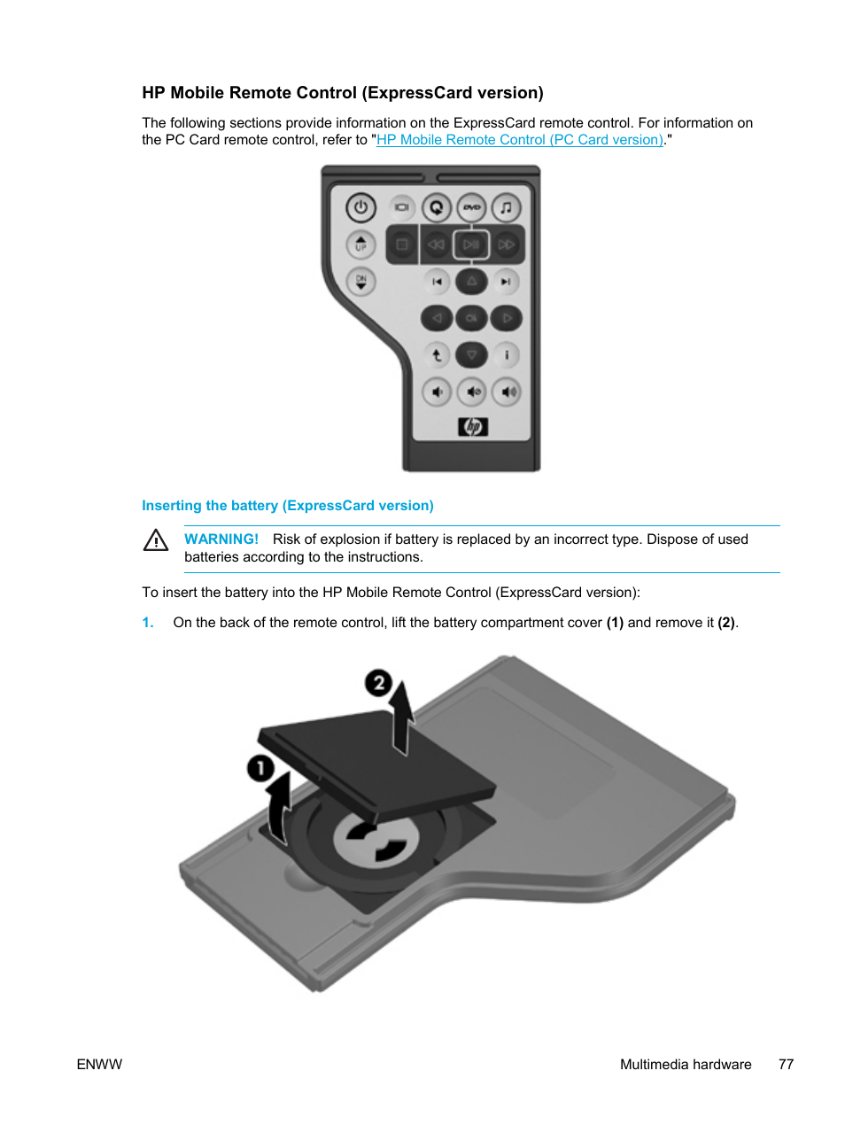 Hp mobile remote control (expresscard version), Inserting the battery (expresscard version), Hp mobile remote control | Expresscard version) | HP Compaq Presario V5224TU Notebook PC User Manual | Page 87 / 180