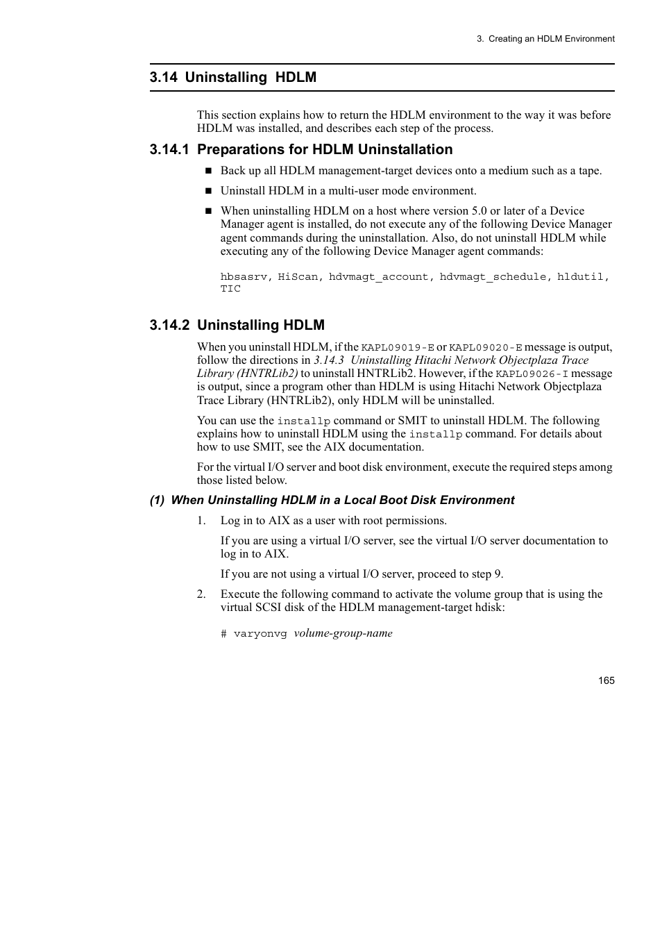 14 uninstalling hdlm, 1 preparations for hdlm uninstallation, 2 uninstalling hdlm | HP Hitachi Dynamic Link Manager Software User Manual | Page 187 / 510