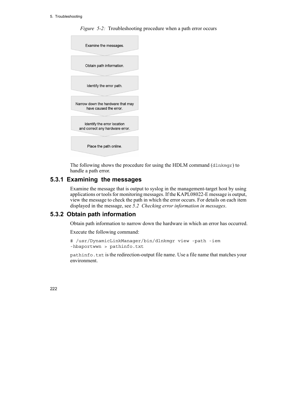 1 examining the messages, 2 obtain path information | HP Hitachi Dynamic Link Manager Software User Manual | Page 244 / 510