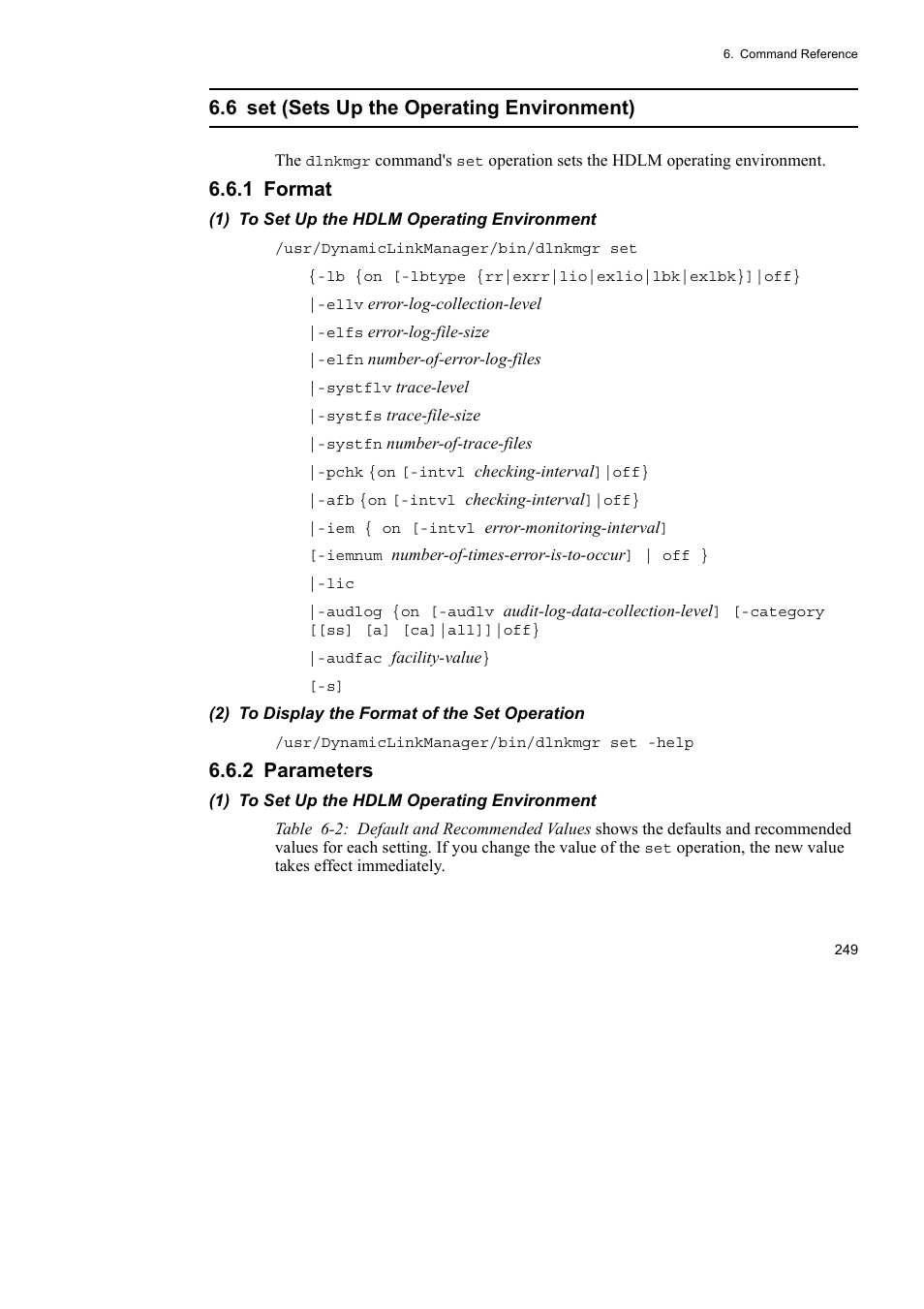 6 set (sets up the operating environment), 1 format, 2 parameters | HP Hitachi Dynamic Link Manager Software User Manual | Page 271 / 510