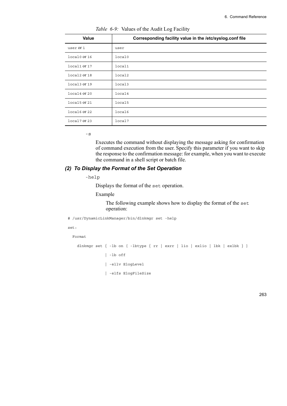 Table 6-9: values of the audit log facility, Displays the format of the, Operation | HP Hitachi Dynamic Link Manager Software User Manual | Page 285 / 510