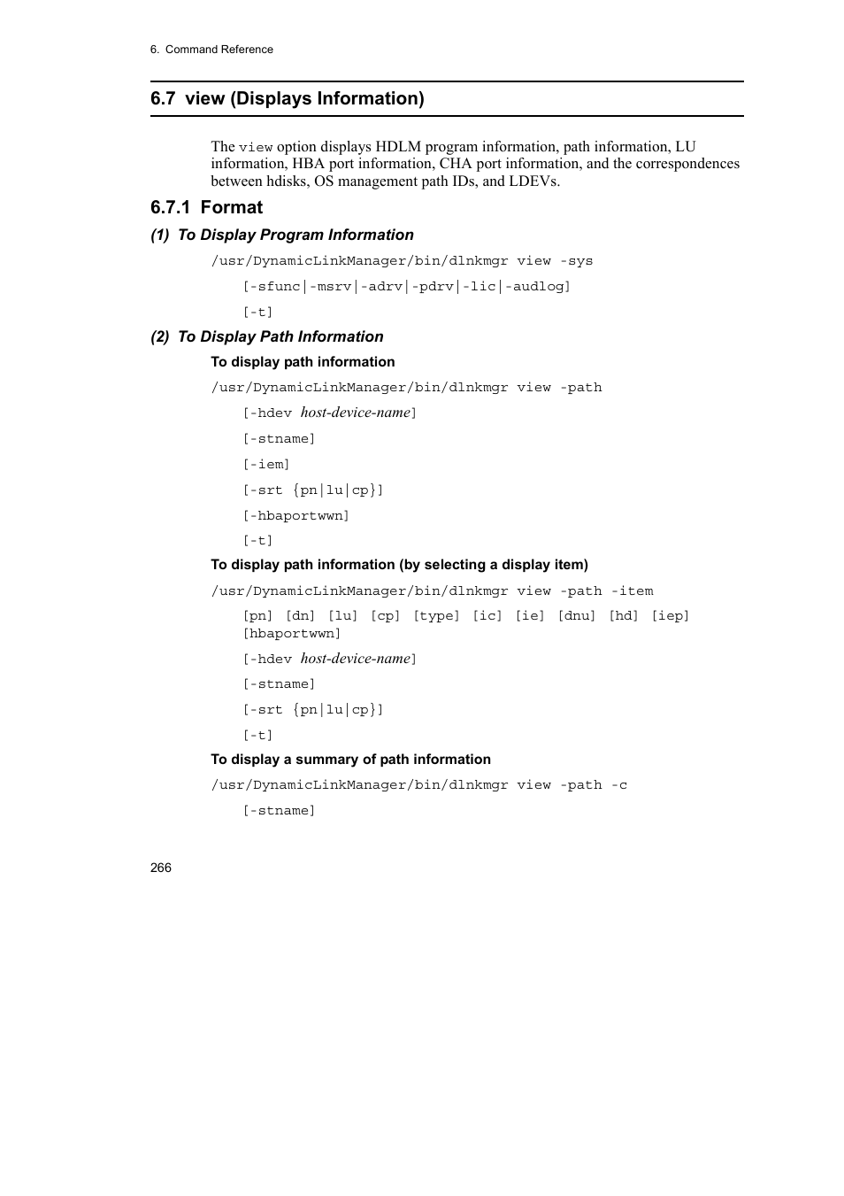 7 view (displays information), 1 format | HP Hitachi Dynamic Link Manager Software User Manual | Page 288 / 510