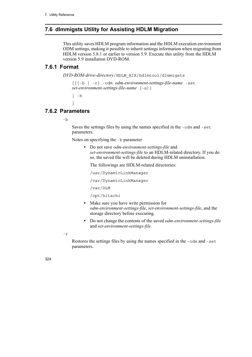 6 dlmmigsts utility for assisting hdlm migration, 1 format, 2 parameters | HP Hitachi Dynamic Link Manager Software User Manual | Page 346 / 510