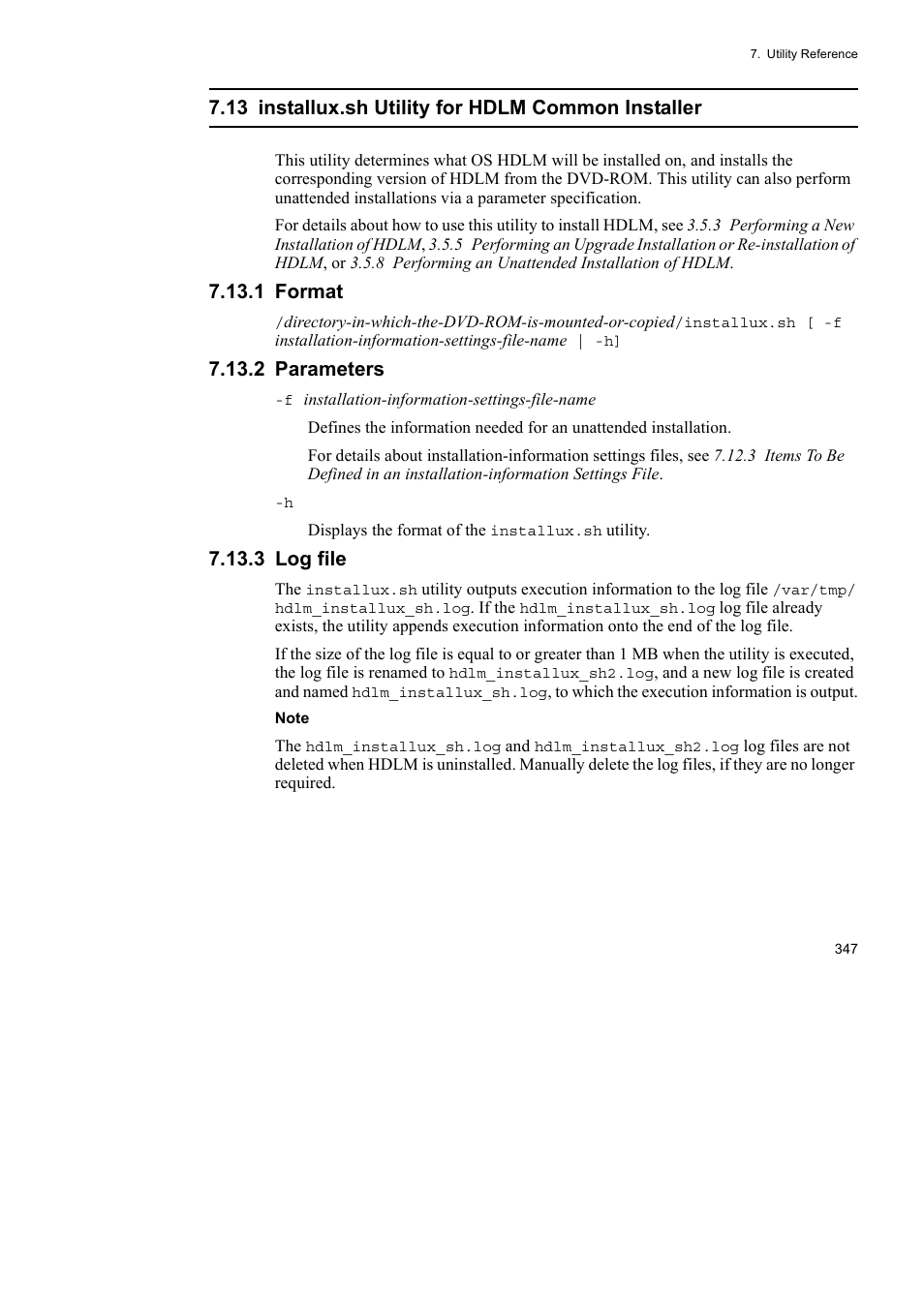 13 installux.sh utility for hdlm common installer, 1 format, 2 parameters | 3 log file | HP Hitachi Dynamic Link Manager Software User Manual | Page 369 / 510