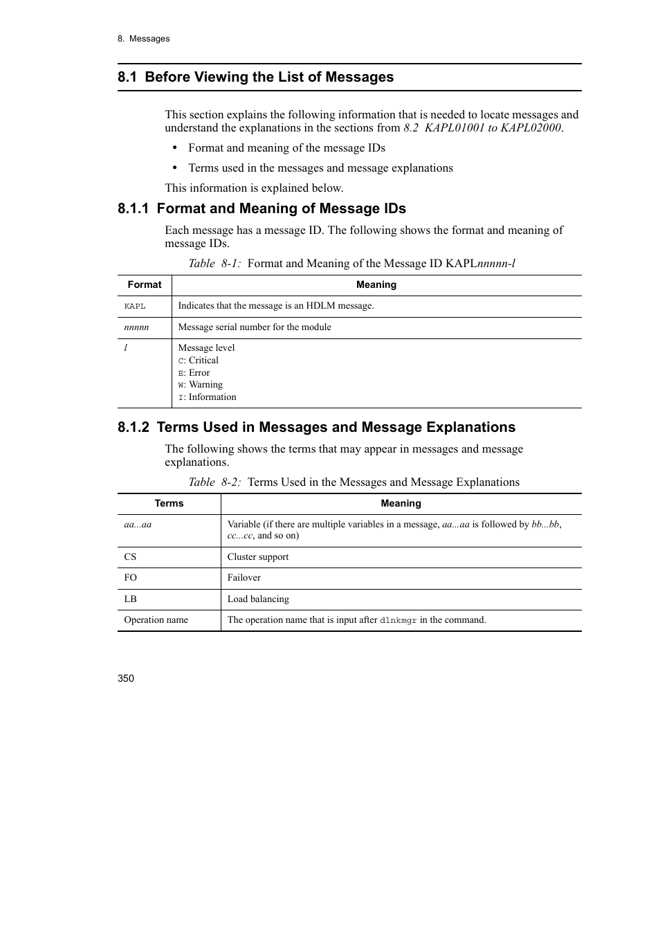 1 before viewing the list of messages, 1 format and meaning of message ids, 2 terms used in messages and message explanations | HP Hitachi Dynamic Link Manager Software User Manual | Page 372 / 510