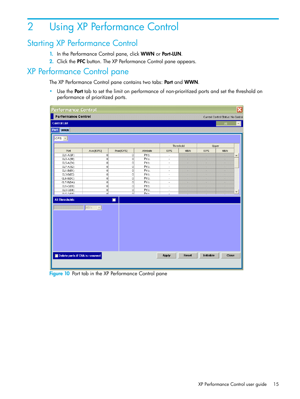Using xp performance control, Starting xp performance control, Xp performance control pane | 2 using xp performance control, 10 port tab in the xp performance control pane, 2using xp performance control | HP StorageWorks XP Remote Web Console Software User Manual | Page 15 / 85