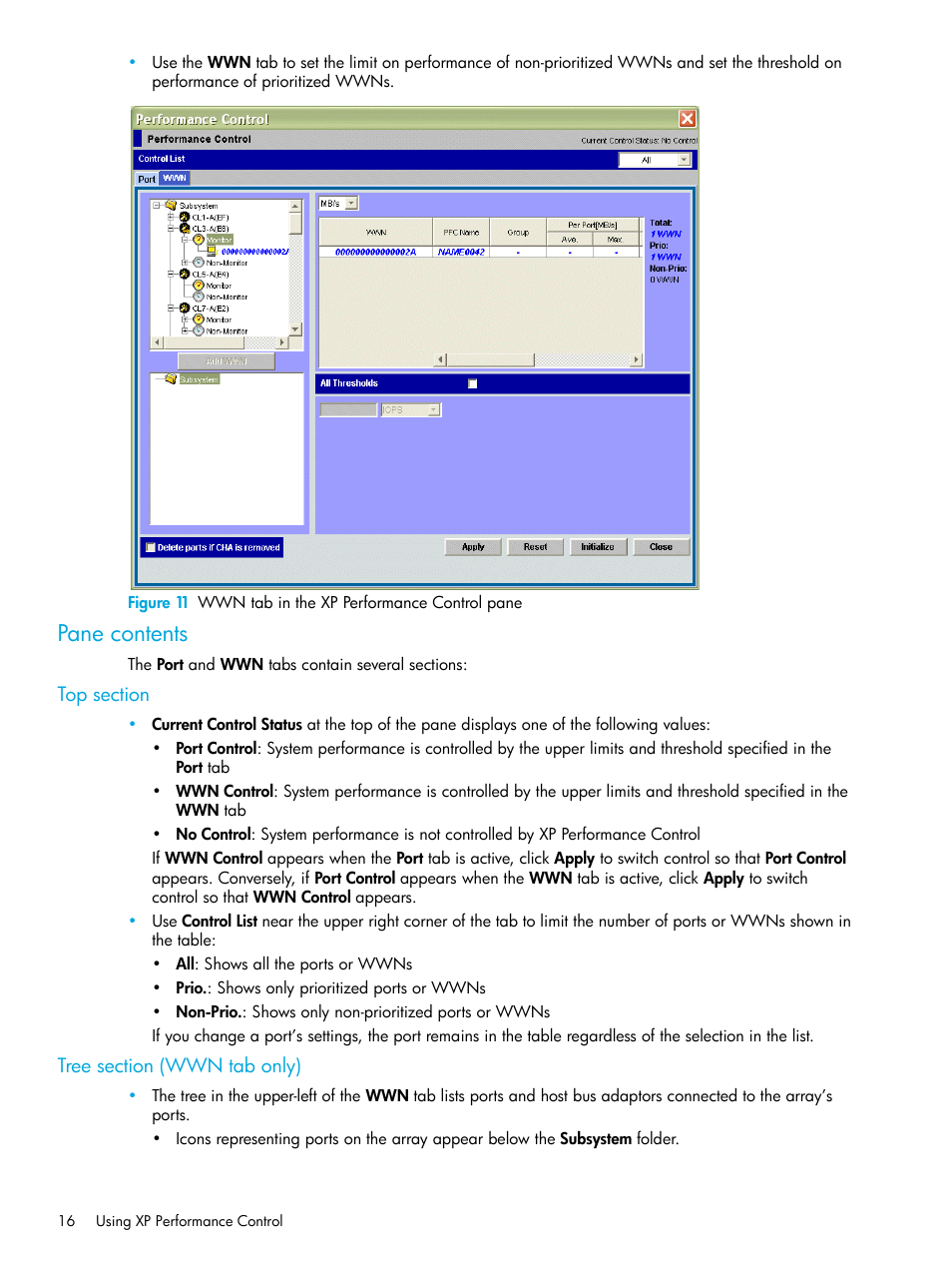 Pane contents, Top section, Tree section (wwn tab only) | 11 wwn tab in the xp performance control pane | HP StorageWorks XP Remote Web Console Software User Manual | Page 16 / 85