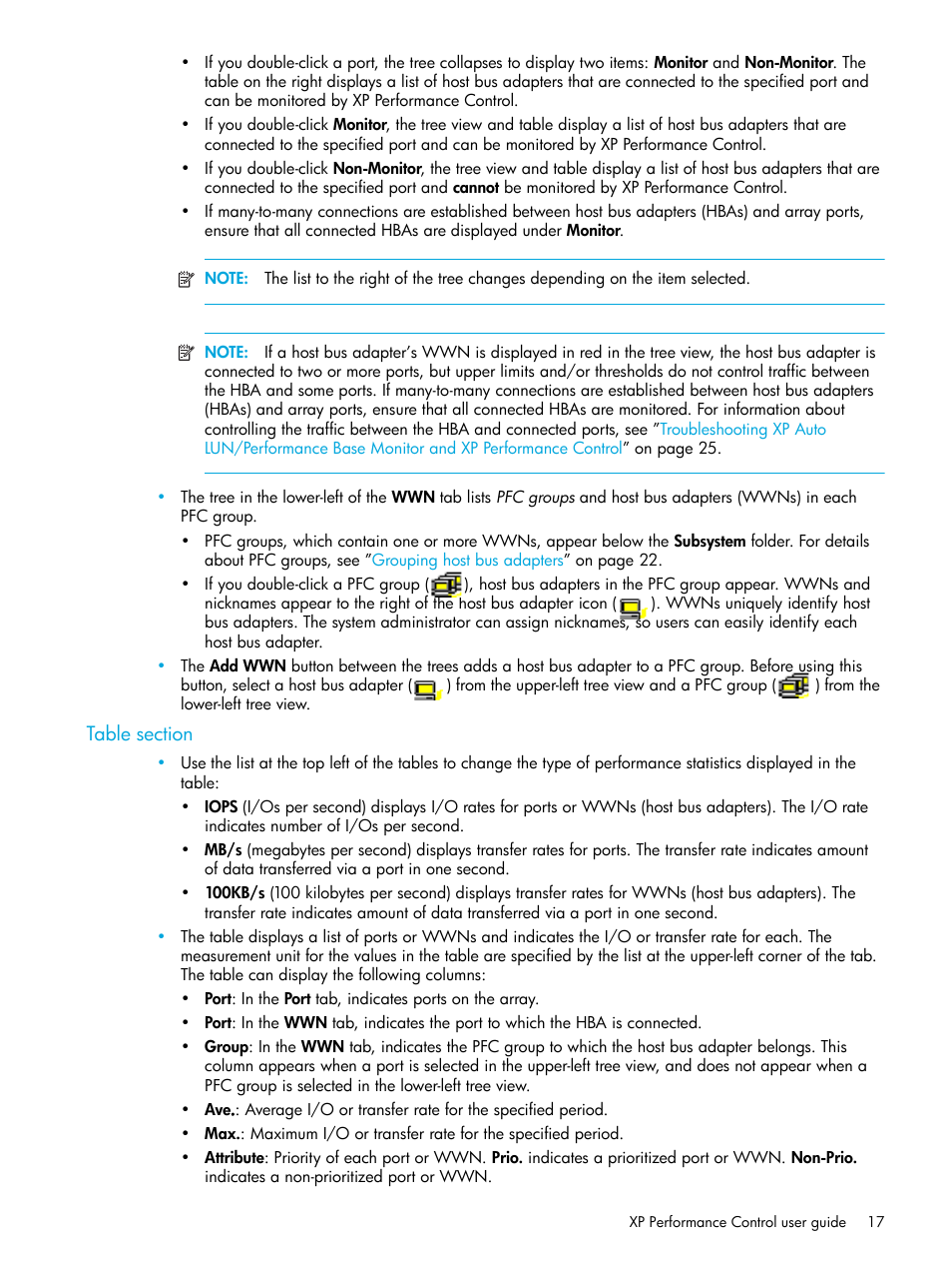 Table section | HP StorageWorks XP Remote Web Console Software User Manual | Page 17 / 85