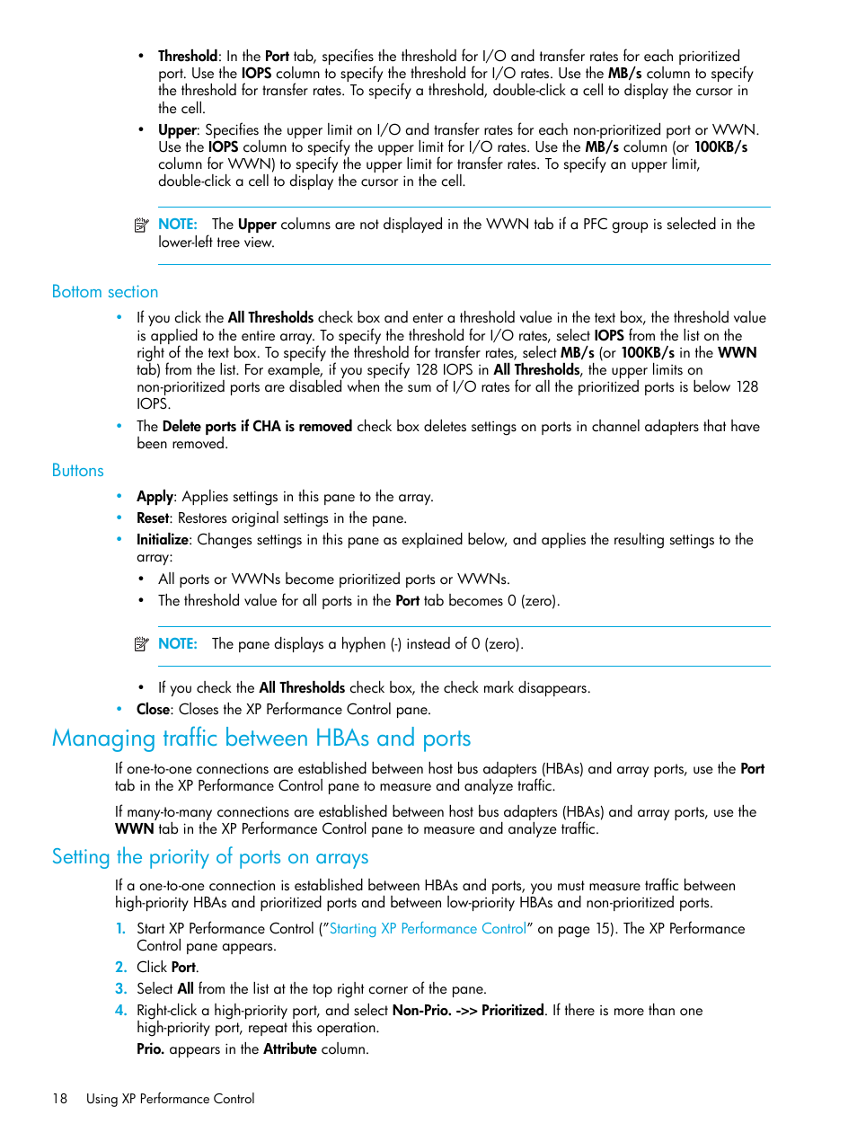 Bottom section, Buttons, Managing traffic between hbas and ports | Setting the priority of ports on arrays | HP StorageWorks XP Remote Web Console Software User Manual | Page 18 / 85
