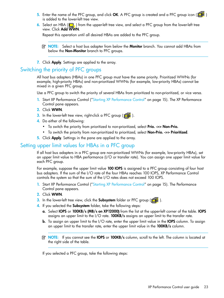 Switching the priority of pfc groups, Setting upper limit values for hbas in a pfc group | HP StorageWorks XP Remote Web Console Software User Manual | Page 23 / 85