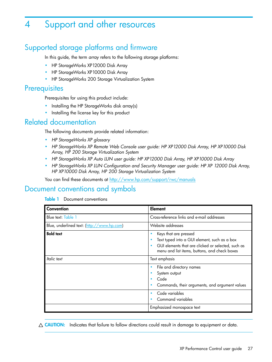 Support and other resources, Supported storage platforms and firmware, Prerequisites | Related documentation, Document conventions and symbols, Table 1 document conventions, 4 support and other resources, 1 document conventions, 4support and other resources | HP StorageWorks XP Remote Web Console Software User Manual | Page 27 / 85