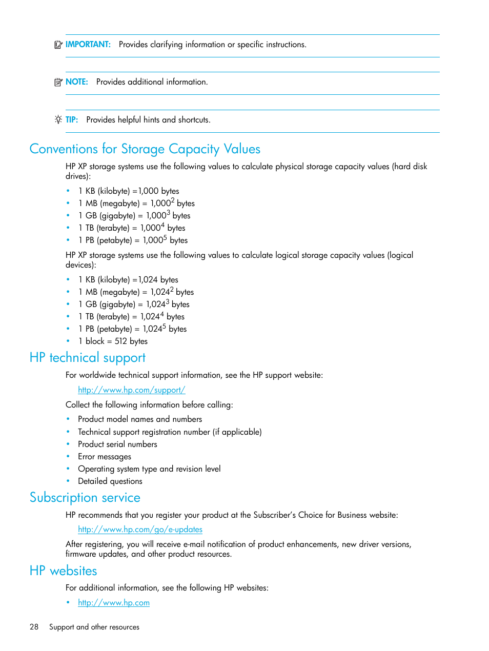 Conventions for storage capacity values, Hp technical support, Subscription service | Hp websites | HP StorageWorks XP Remote Web Console Software User Manual | Page 28 / 85