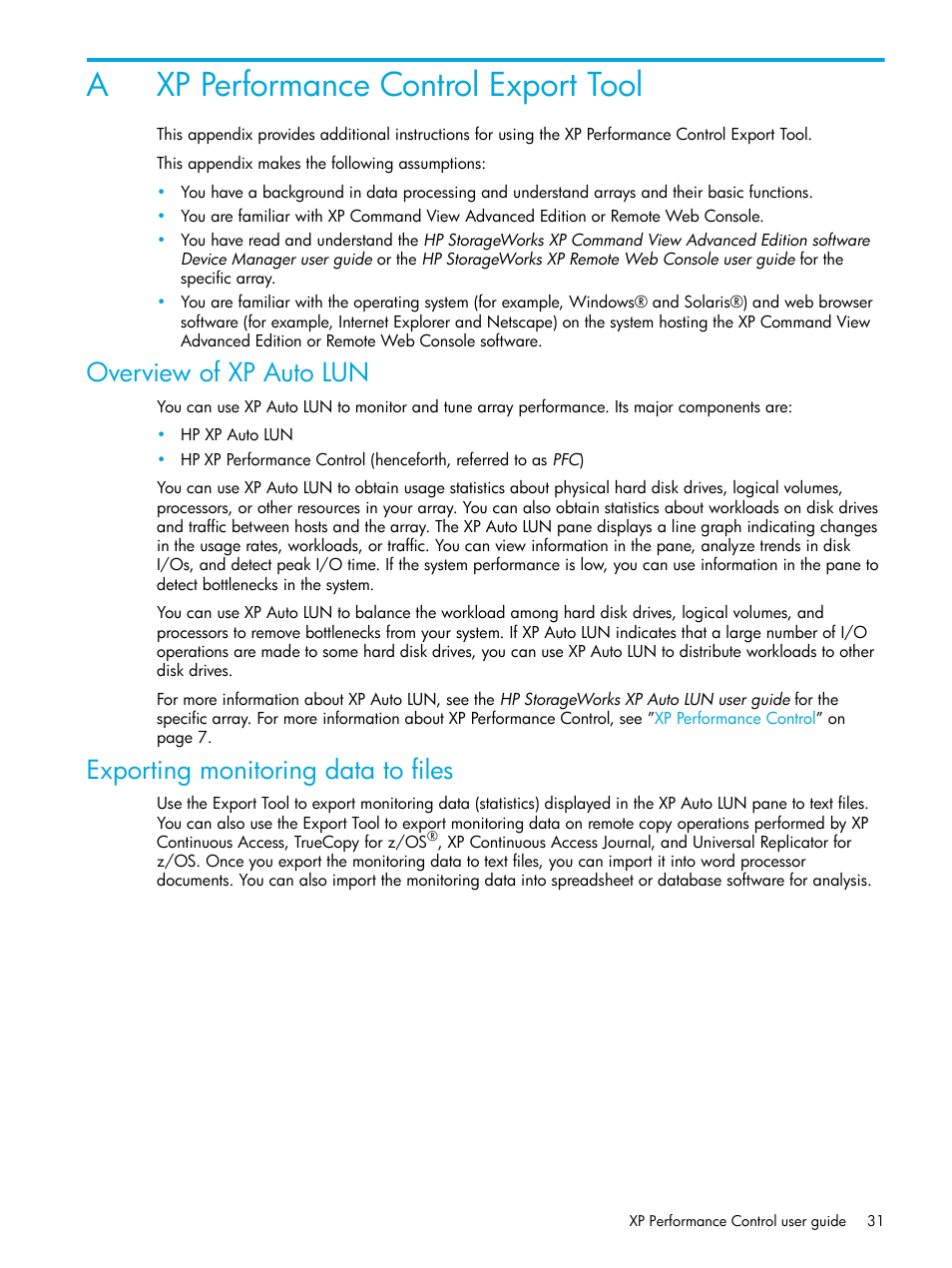 Xp performance control export tool, Overview of xp auto lun, Exporting monitoring data to files | A xp performance control export tool, Axp performance control export tool | HP StorageWorks XP Remote Web Console Software User Manual | Page 31 / 85
