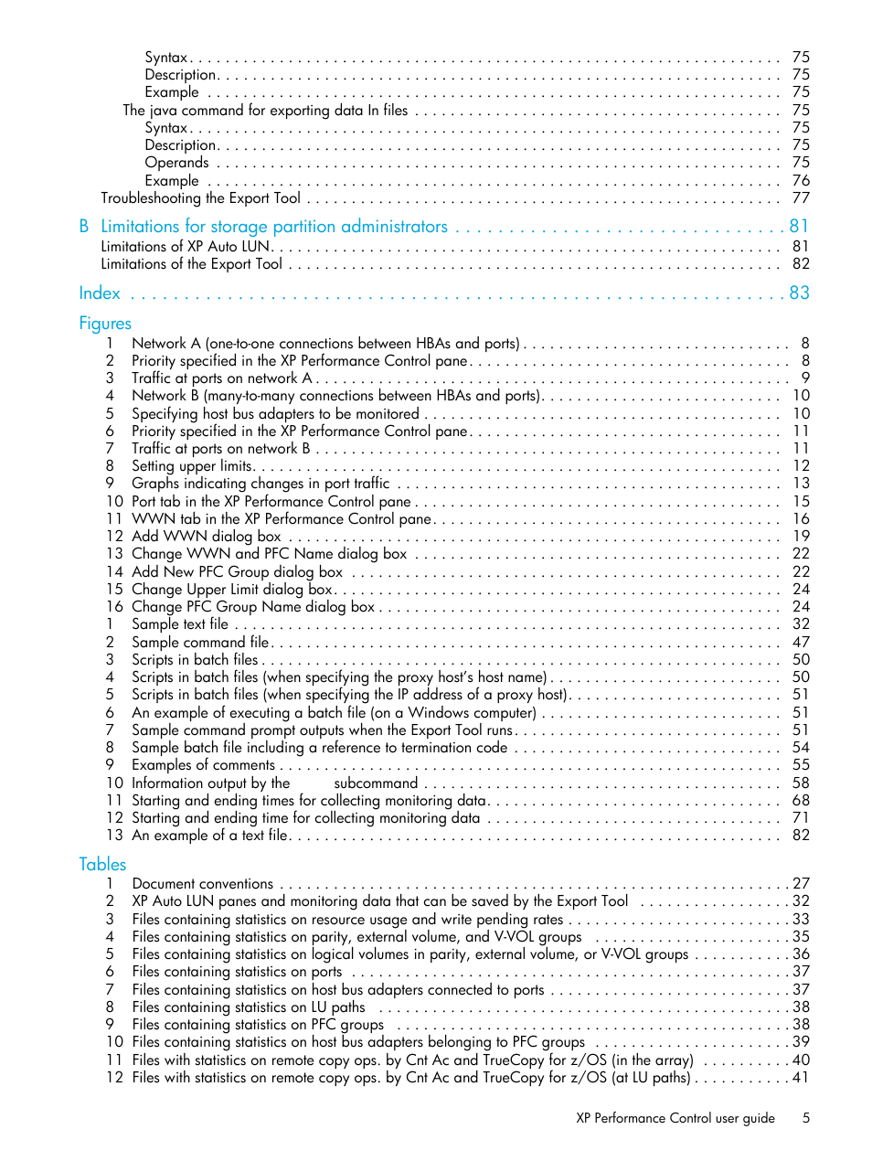 B limitations for storage partition administrators, Index figures, Tables | HP StorageWorks XP Remote Web Console Software User Manual | Page 5 / 85