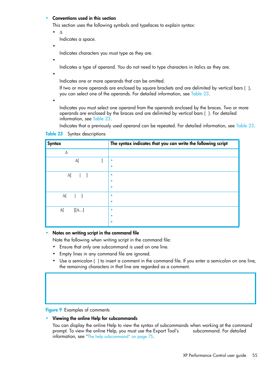 Table 23 syntax descriptions, Figure 9 examples of comments, 9 examples of comments | 23 syntax descriptions | HP StorageWorks XP Remote Web Console Software User Manual | Page 55 / 85