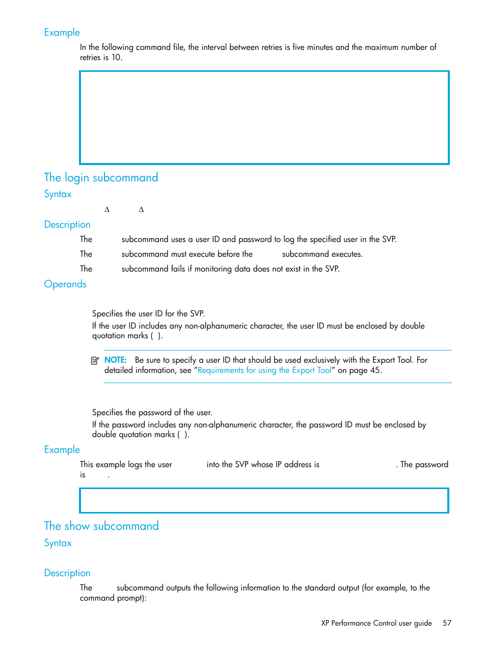 Example, The login subcommand, Syntax | Description, Operands, The show subcommand | HP StorageWorks XP Remote Web Console Software User Manual | Page 57 / 85