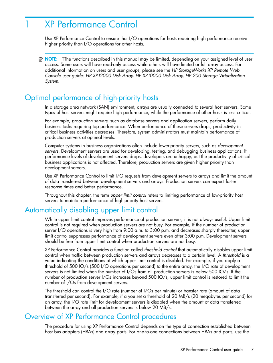 Xp performance control, Optimal performance of high-priority hosts, Automatically disabling upper limit control | Overview of xp performance control procedures, 1 xp performance control, 1xp performance control | HP StorageWorks XP Remote Web Console Software User Manual | Page 7 / 85