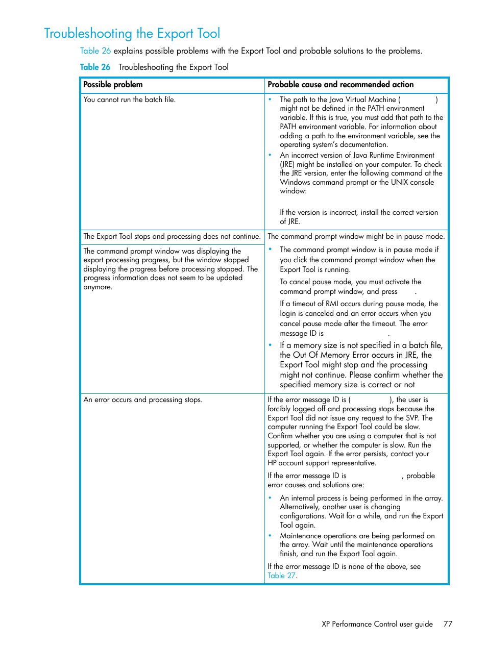 Troubleshooting the export tool, Table 26 troubleshooting the export tool, 26 troubleshooting the export tool | HP StorageWorks XP Remote Web Console Software User Manual | Page 77 / 85