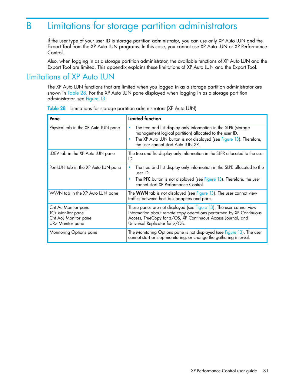 Limitations for storage partition administrators, Limitations of xp auto lun, B limitations for storage partition administrators | Blimitations for storage partition administrators | HP StorageWorks XP Remote Web Console Software User Manual | Page 81 / 85