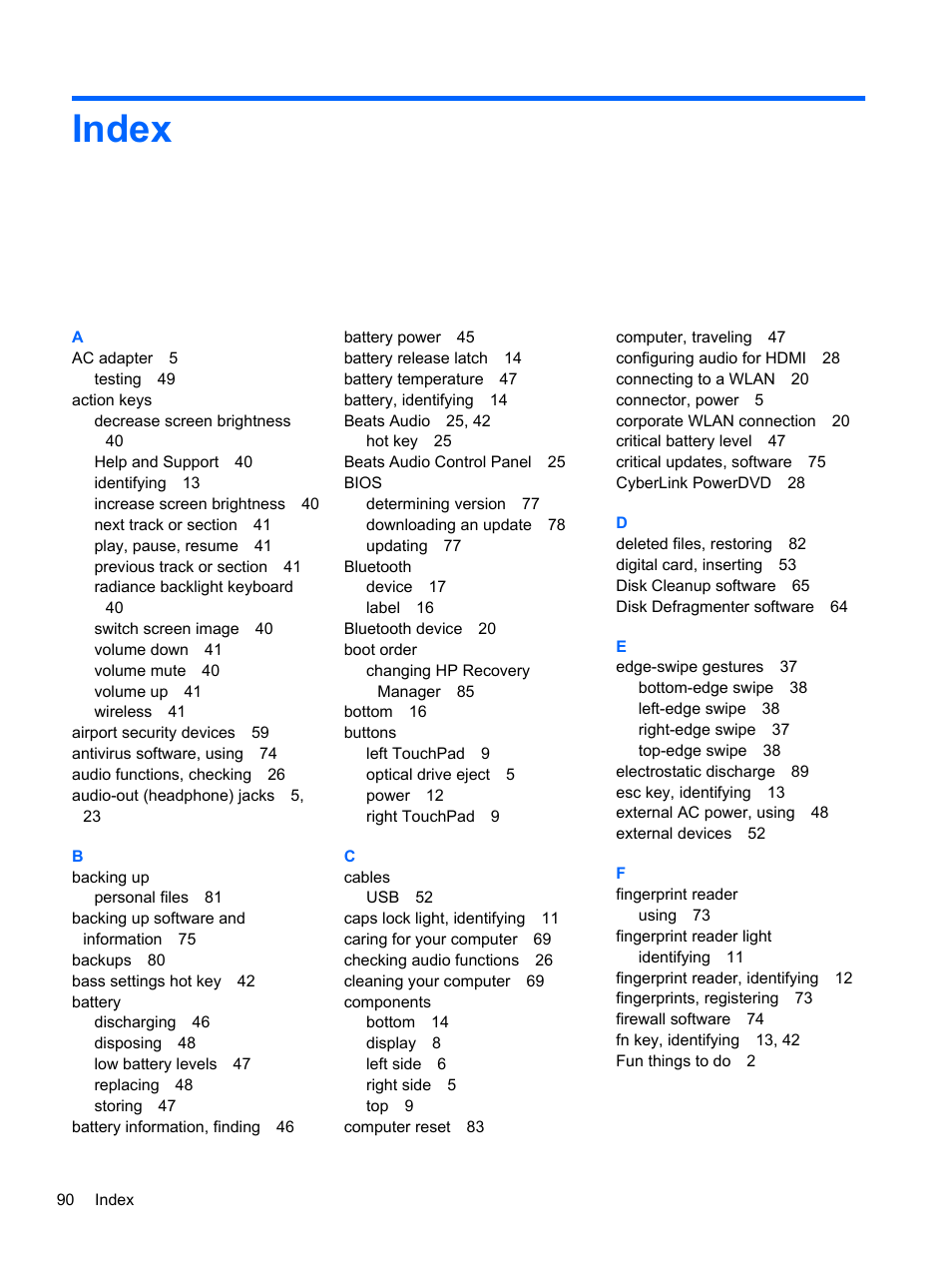 Index | HP ENVY 17-j120us Notebook PC User Manual | Page 100 / 103