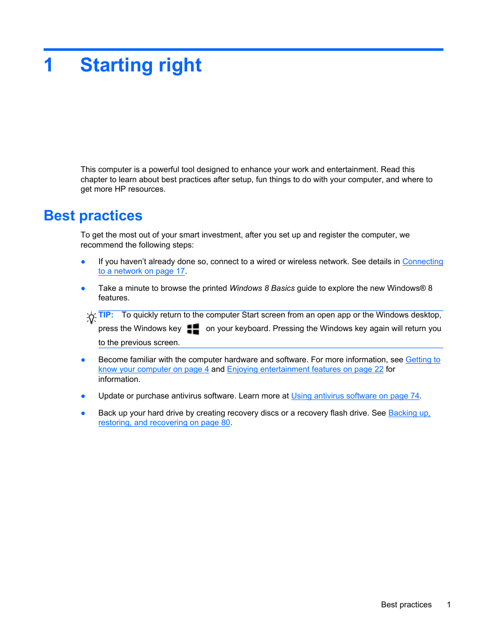 Starting right, Best practices, 1 starting right | 1starting right | HP ENVY 17-j120us Notebook PC User Manual | Page 11 / 103