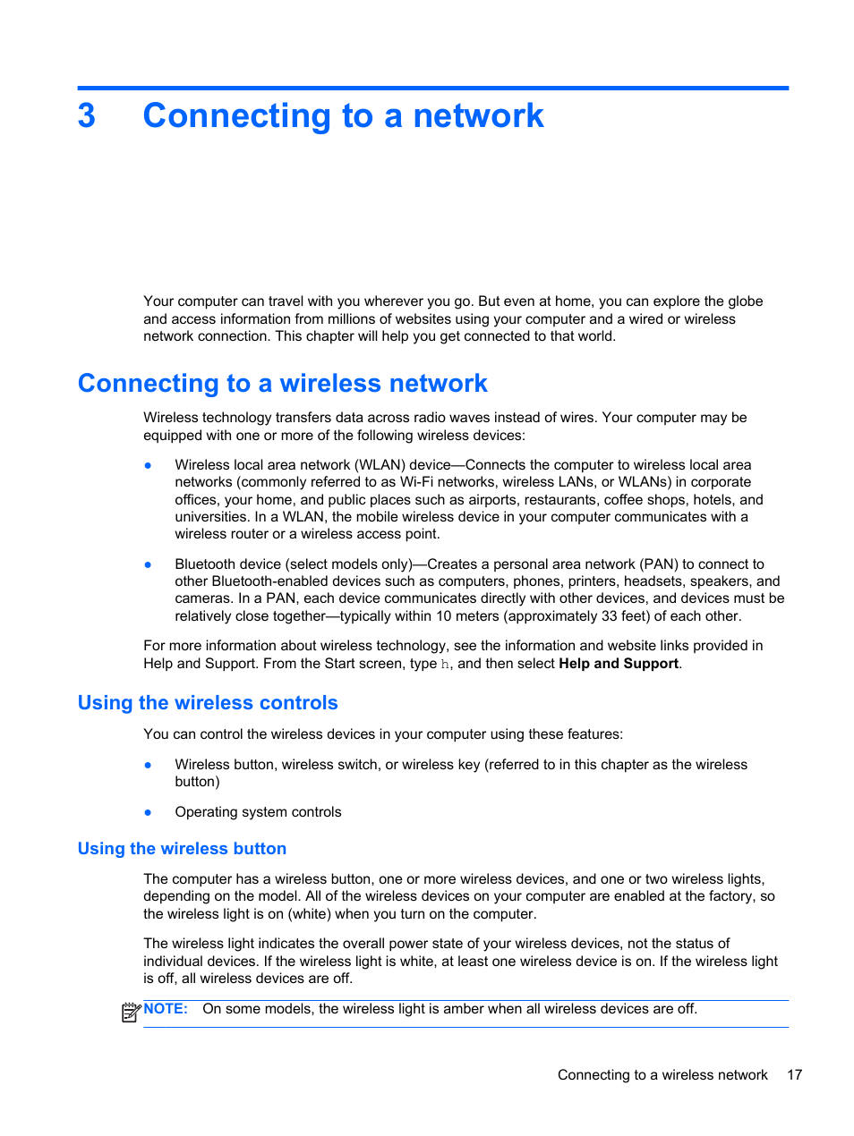 Connecting to a network, Connecting to a wireless network, Using the wireless controls | Using the wireless button, 3 connecting to a network, Connecting, 3connecting to a network | HP ENVY 17-j120us Notebook PC User Manual | Page 27 / 103