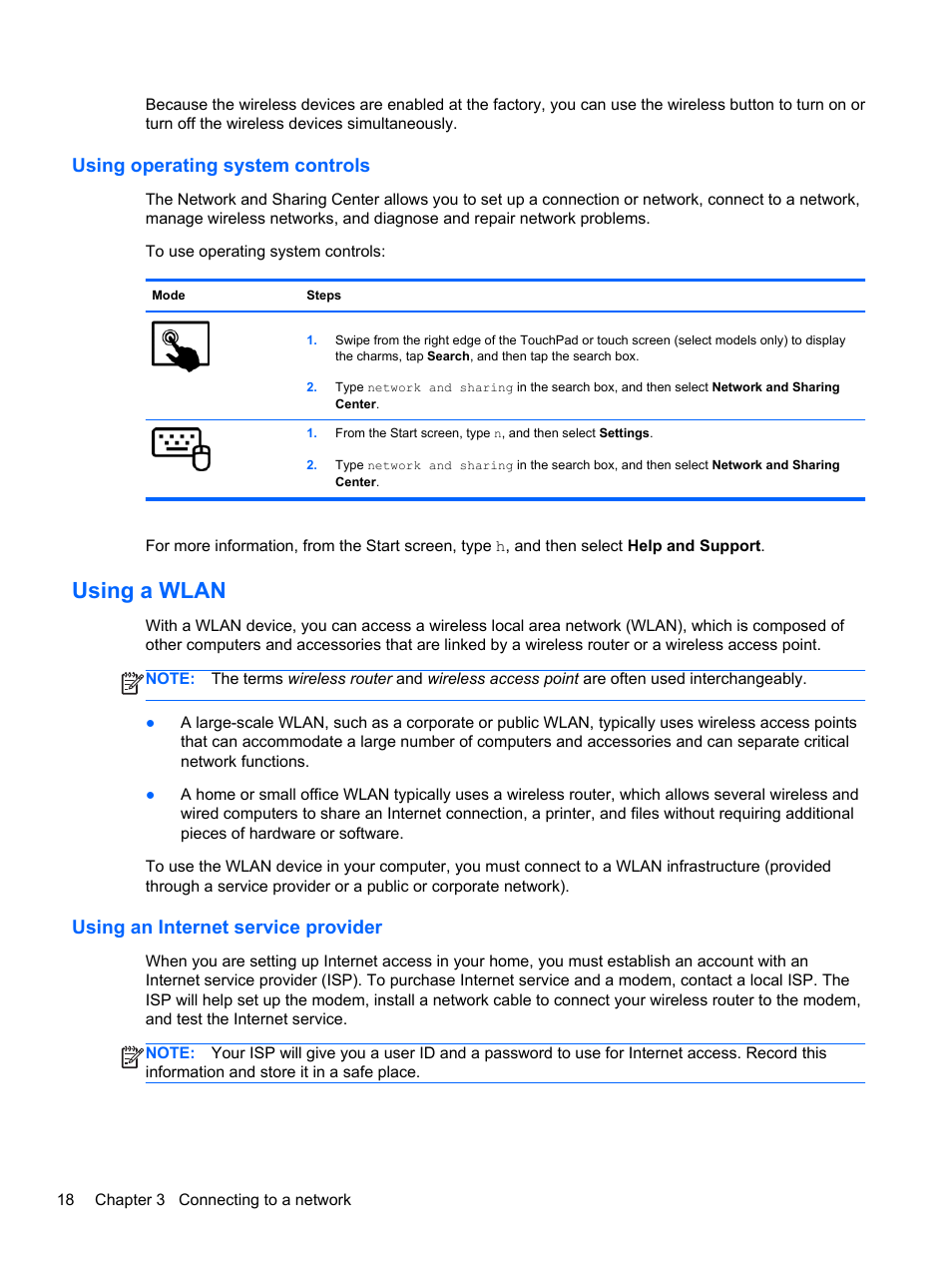 Using operating system controls, Using a wlan, Using an internet service provider | HP ENVY 17-j120us Notebook PC User Manual | Page 28 / 103
