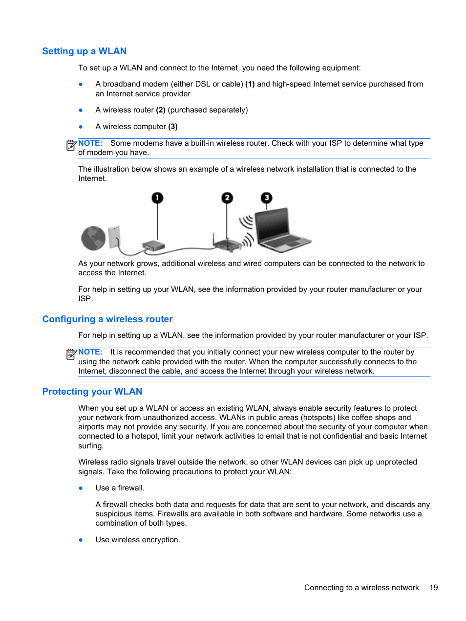 Setting up a wlan, Configuring a wireless router, Protecting your wlan | HP ENVY 17-j120us Notebook PC User Manual | Page 29 / 103