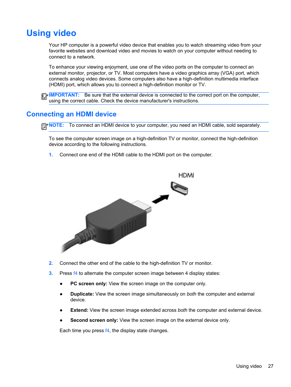 Using video, Connecting an hdmi device, Connecting | HP ENVY 17-j120us Notebook PC User Manual | Page 37 / 103