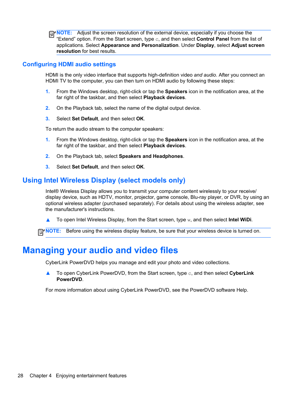 Configuring hdmi audio settings, Using intel wireless display (select models only), Managing your audio and video files | HP ENVY 17-j120us Notebook PC User Manual | Page 38 / 103