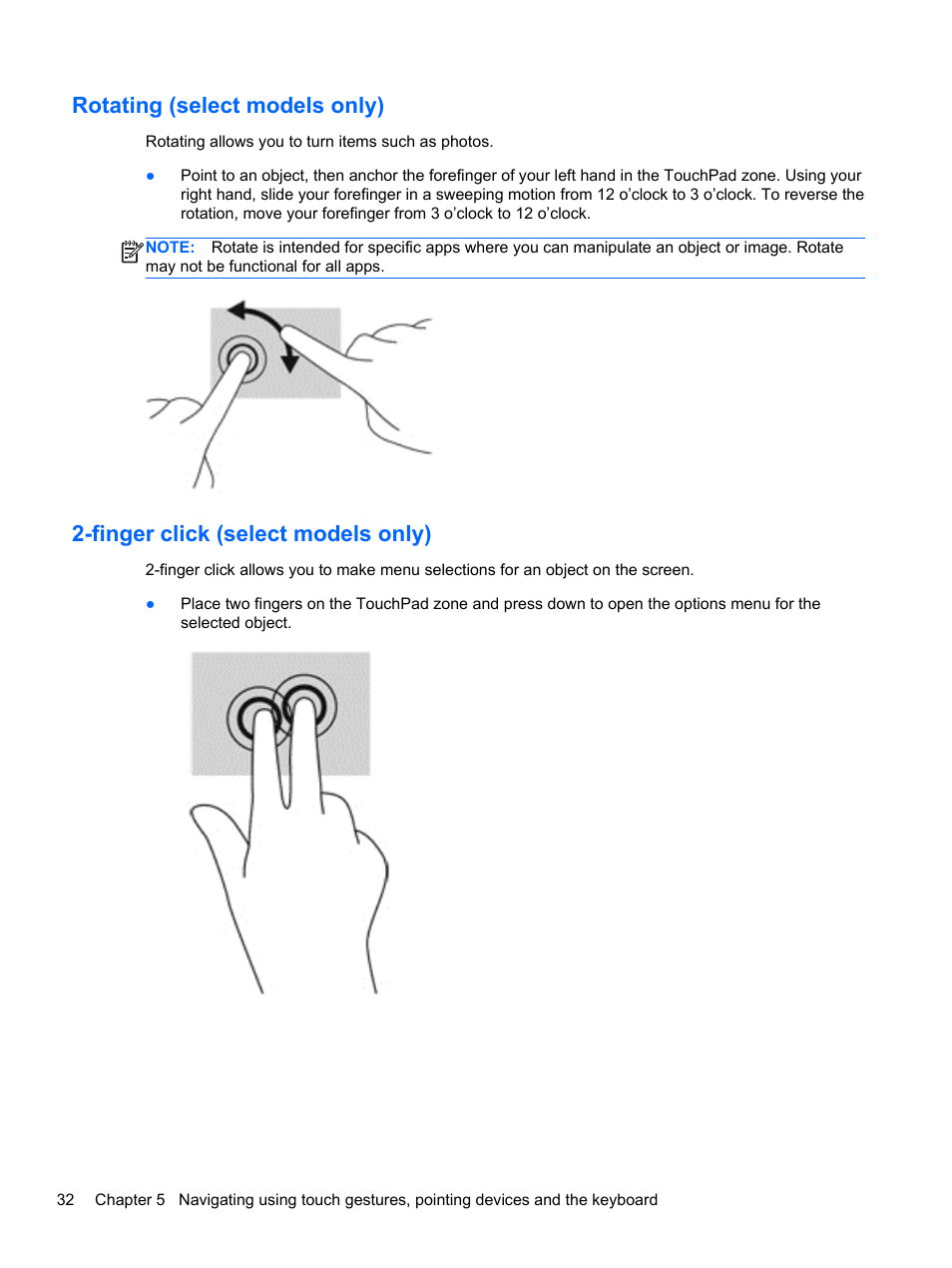 Rotating (select models only), Finger click (select models only) | HP ENVY 17-j120us Notebook PC User Manual | Page 42 / 103