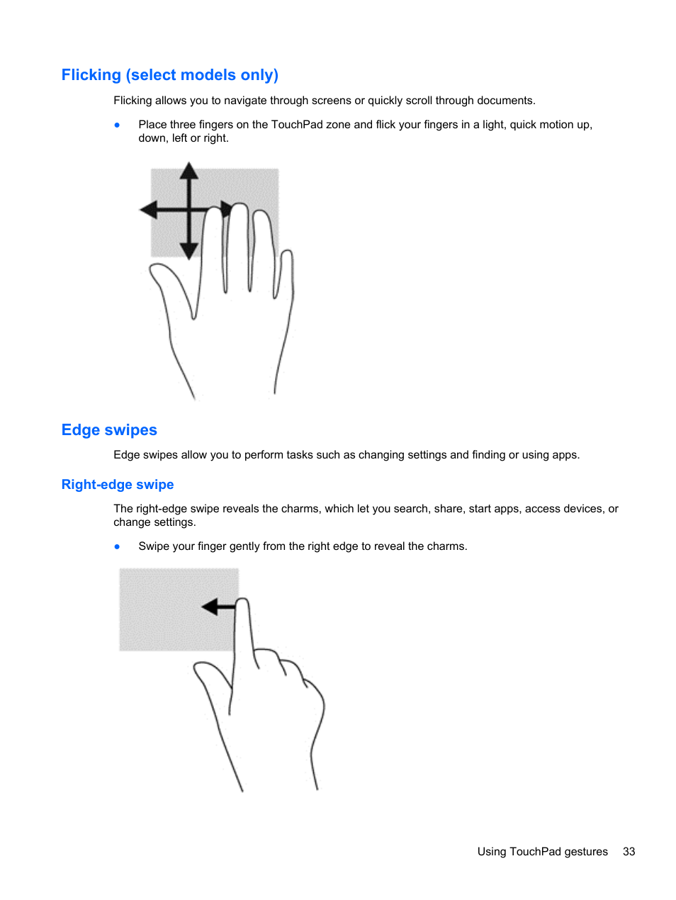 Flicking (select models only), Edge swipes, Right-edge swipe | Flicking (select models only) edge swipes | HP ENVY 17-j120us Notebook PC User Manual | Page 43 / 103