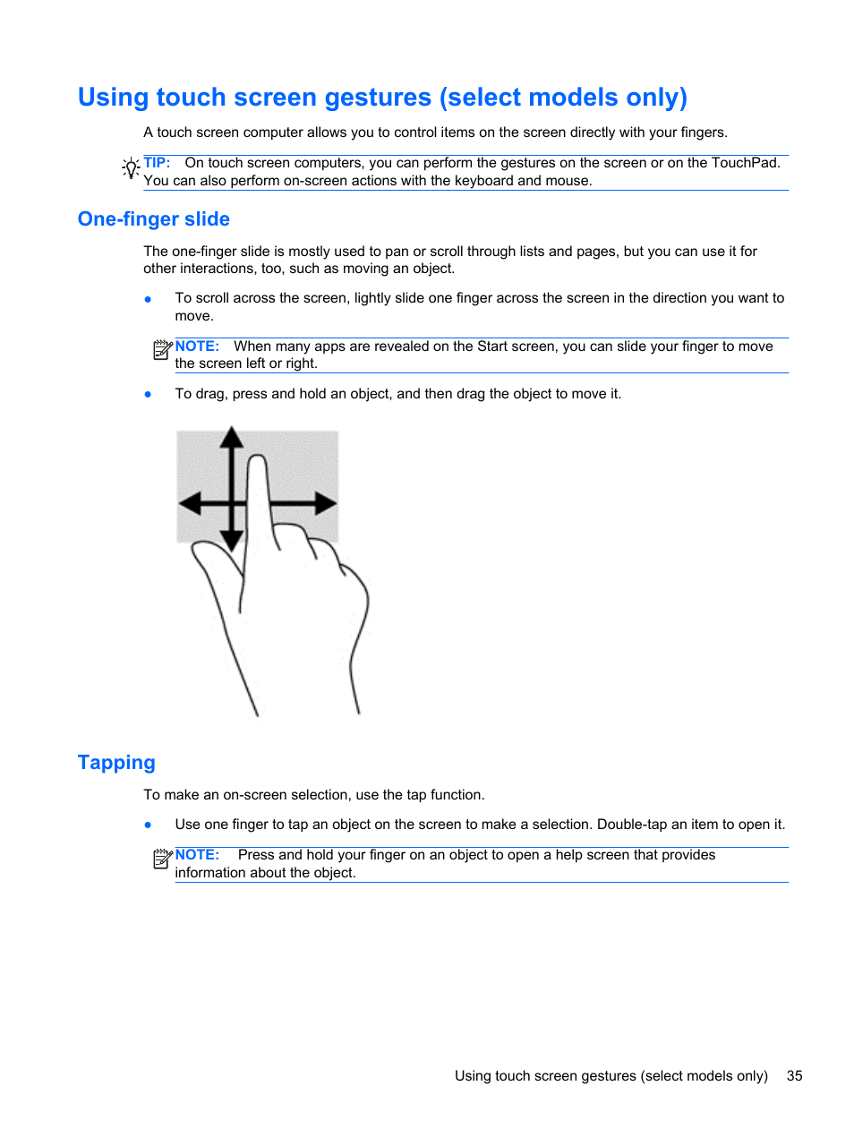 Using touch screen gestures (select models only), One-finger slide, Tapping | One-finger slide tapping | HP ENVY 17-j120us Notebook PC User Manual | Page 45 / 103